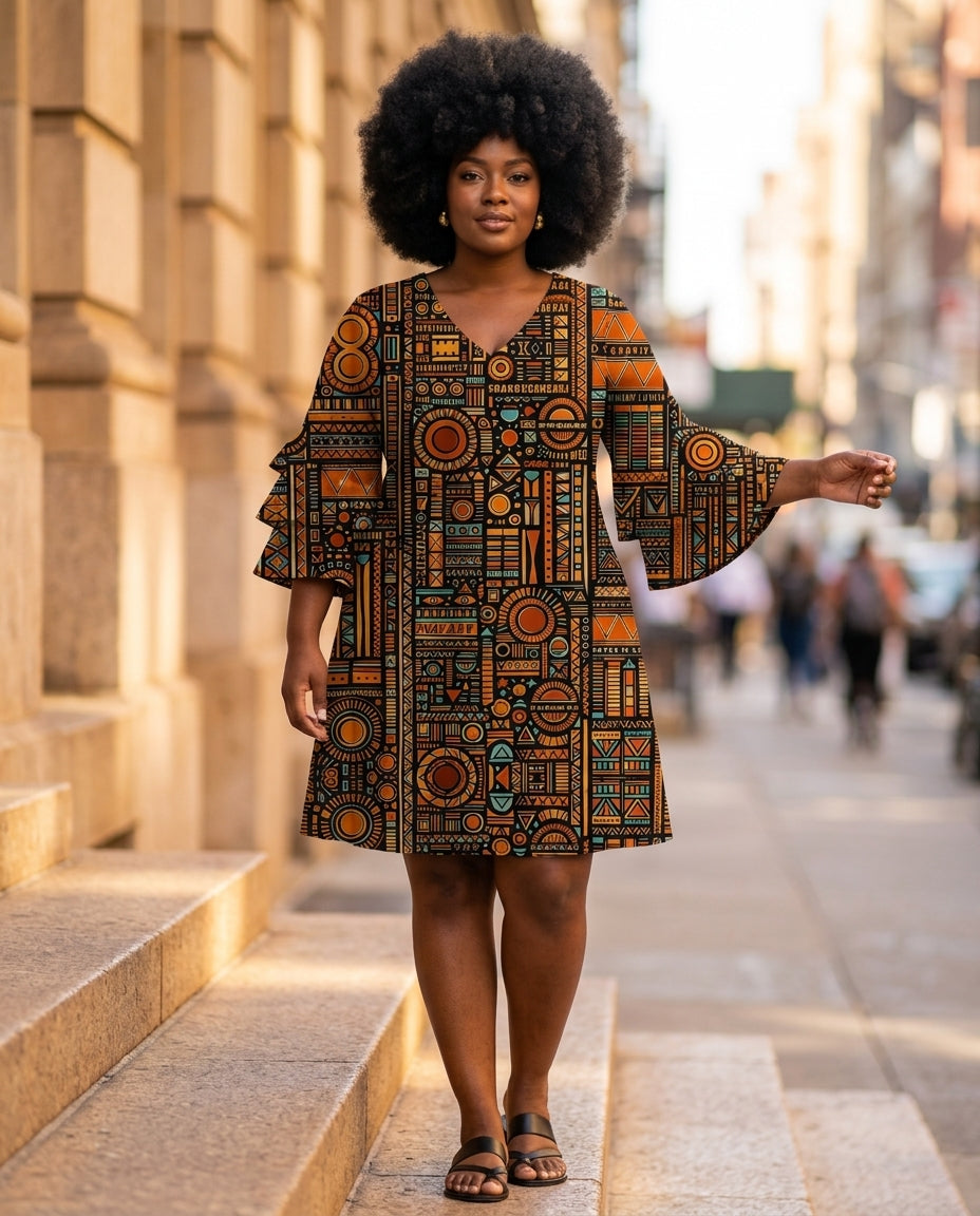 Model with a big natural afro wearing the Afrocentric Pattern Stacked Ruffle Sleeve Dress in a warm multicolor geometric print with dramatic tiered ruffle sleeves and a V-neck
