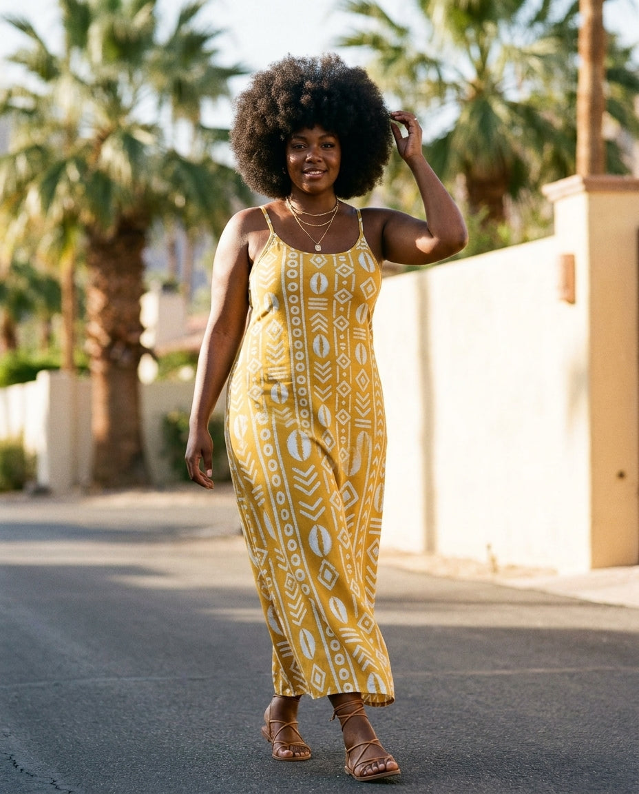 Model with a natural afro wearing the Oshun Dhahabu Maxi Dress, a mustard-gold spaghetti-strap slip maxi with white mudcloth motifs, ankle-length column