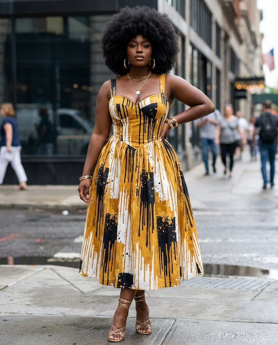 Model with a big natural afro wearing the Mvua Corset Dress in a graphic golden-yellow, black and white paint-drip print, sweetheart corset bodice and A-line midi