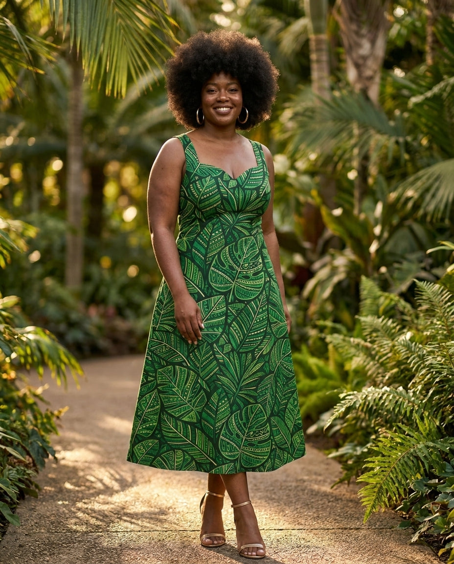 Model with a big natural afro wearing the Asili Emerald Corset Dress in a lush emerald-green tropical leaf print, sweetheart corset bodice and A-line midi, at a garden party