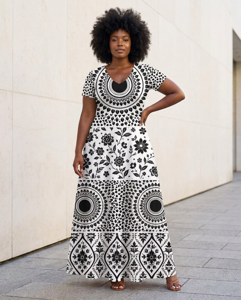 Model with a big natural afro wearing the Mwanga Short Sleeve Maxi Dress in a black-and-white monochrome mandala print, V-neck ankle-length A-line, against a concrete wall