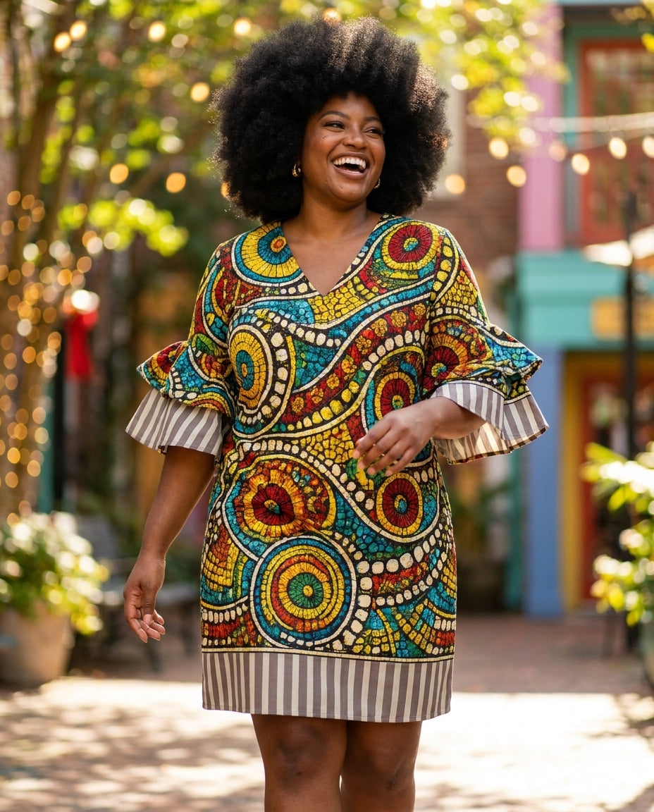 Model with a big natural afro wearing the Taji Stacked Ruffle Sleeve Dress in a vivid multicolor mosaic-medallion print with grey-and-white striped ruffle sleeves, above-knee